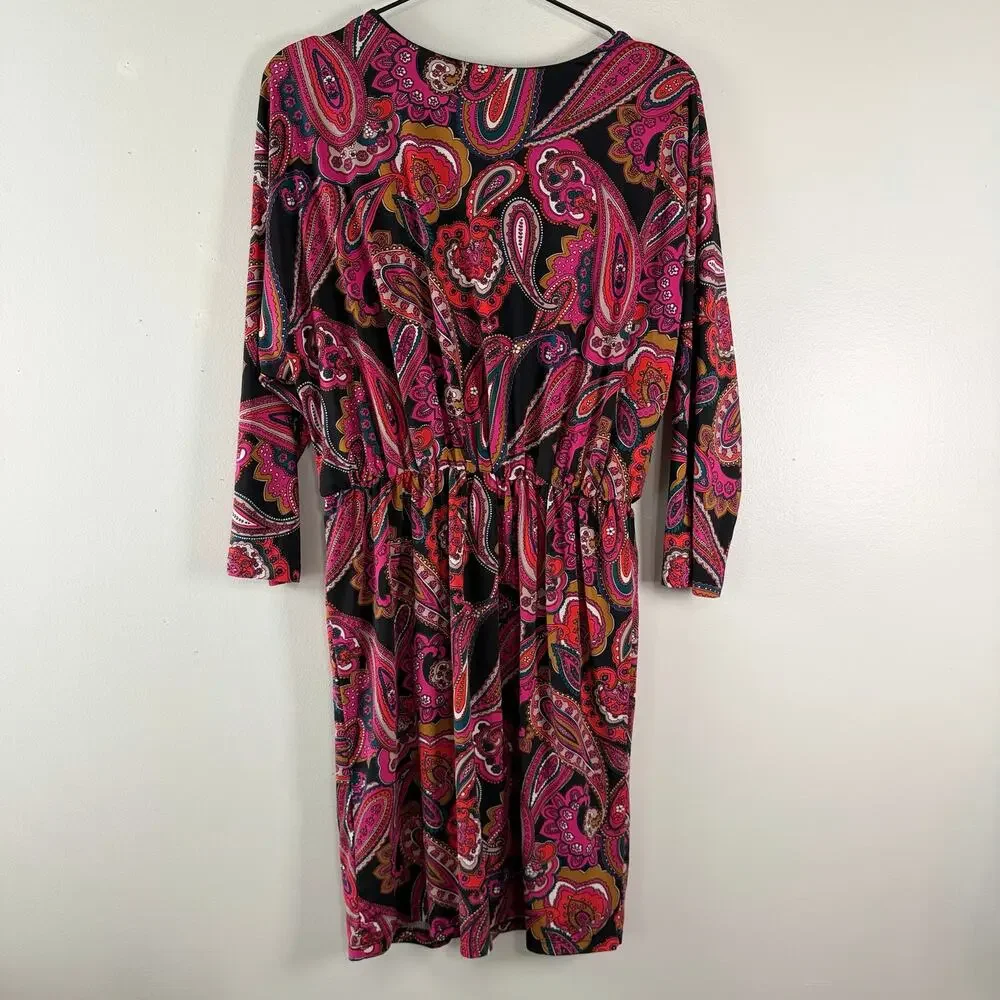 Trina Turk Jersey Dress Black Pink Paisley V-Neck Resortwear Vacay Short Size L - Picture 7 of 12